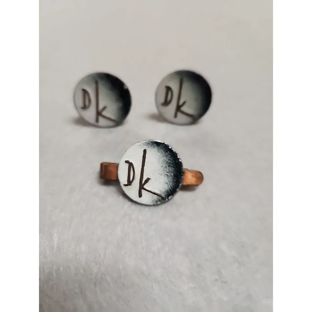 Custom Copper, Intitialed DK, White Painted Cufflinks And Tie Clip